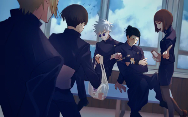 4K Ultra HD anime wallpaper featuring Shoko Ieiri, Suguru Geto, Satoru Gojo, Yu Haibara, and Kento Nanami from Jujutsu Kaisen in a casual classroom scene.