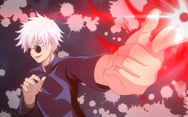 4K Ultra HD anime wallpaper featuring Satoru Gojo from Jujutsu Kaisen, showcasing him with white hair, black sunglasses, and a glowing red energy effect.