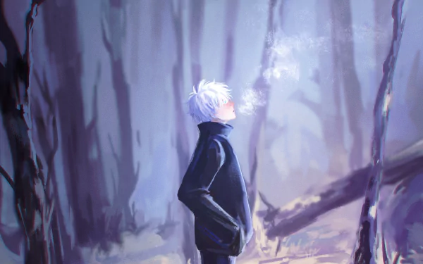 HD PC desktop wallpaper of Satoru Gojo from Jujutsu Kaisen, standing in a misty forest with a calm, contemplative expression.