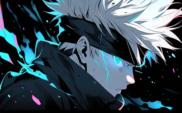 HD desktop wallpaper of Satoru Gojo from Jujutsu Kaisen, featuring a dynamic profile with glowing blue eyes and vivid contrasting colors.