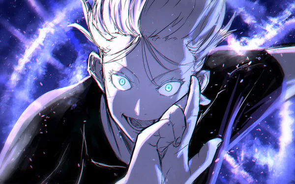 4K Ultra HD anime wallpaper featuring Satoru Gojo from Jujutsu Kaisen with glowing eyes and dynamic energy effects in a vibrant blue and purple color scheme.