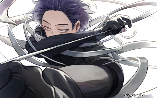 HD PC desktop wallpaper featuring Hitoshi Shinso from the anime My Hero Academia, showcasing his signature look and dynamic pose with swirling ribbons.