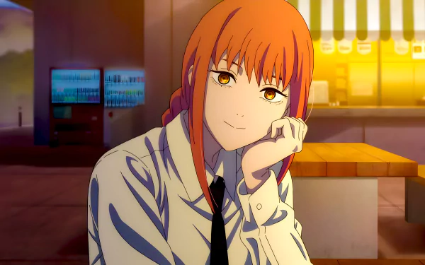 Makima from Chainsaw Man, depicted in a vibrant scene, with orange hair and a contemplative expression. This 8K Ultra HD artwork serves as a striking anime background.