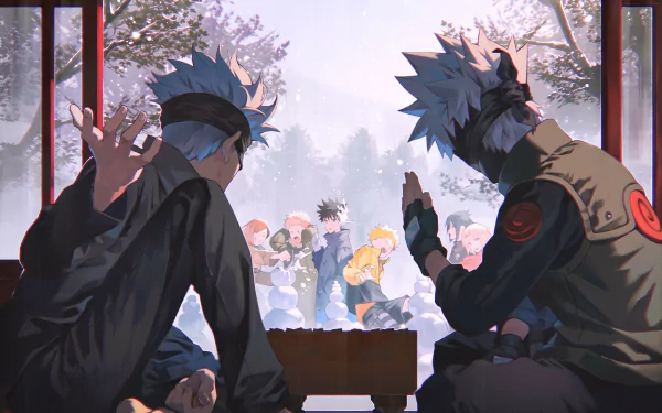 HD anime desktop wallpaper featuring a crossover with Satoru Gojo and Kakashi Hatake sitting indoors, overlooking a snowy outdoor scene with other characters in the background.