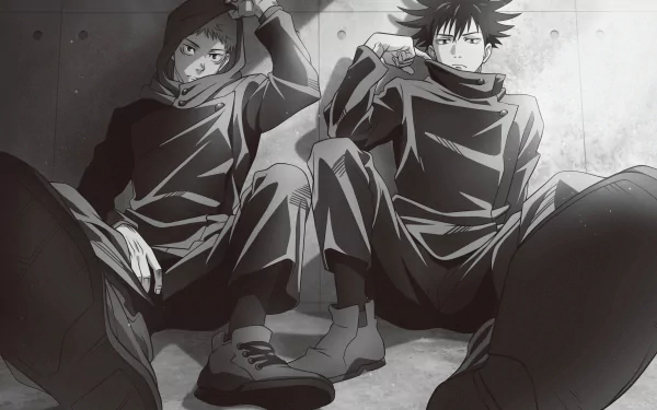 Black and white 4K Ultra HD anime wallpaper featuring Yuji Itadori and Megumi Fushiguro from Jujutsu Kaisen in casual poses against a concrete wall background.