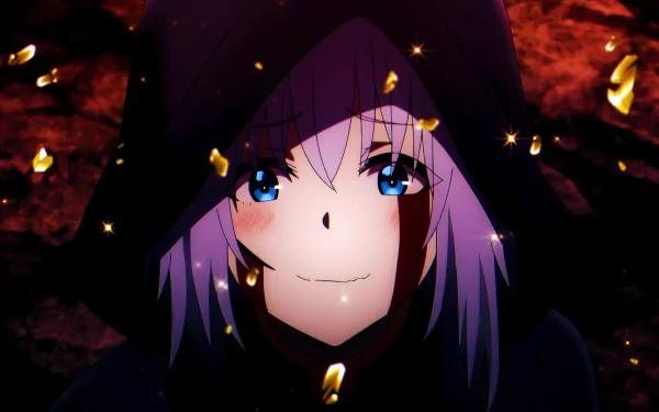 Beta from The Eminence in Shadow anime, depicted with glowing blue eyes and a confident smile against a dark, fiery background in 4K Ultra HD desktop wallpaper style.