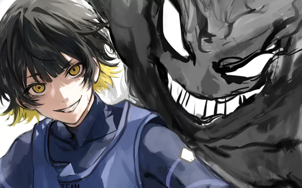 HD wallpaper featuring Bachira Meguru from Blue Lock anime with a dynamic black and white background emphasizing the character's intense gaze.