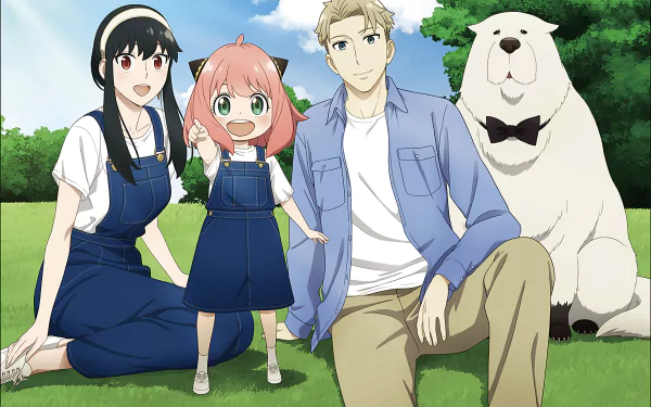 Yor Forger, Anya Forger, Loid Forger, and Bond from Spy x Family pose together outdoors in this 4K Ultra HD anime desktop wallpaper.