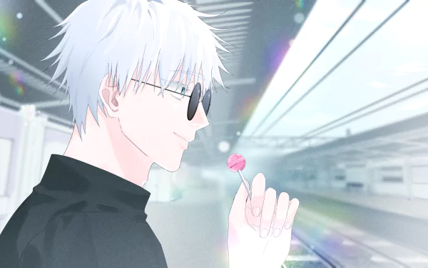 4K Ultra HD anime wallpaper of Satoru Gojo from Jujutsu Kaisen, featuring him in sunglasses holding a lollipop with a blurred modern indoor background.