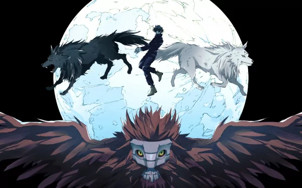 4K Ultra HD anime wallpaper featuring Megumi Fushiguro from Jujutsu Kaisen with shadowy wolves and a large full moon in the background.