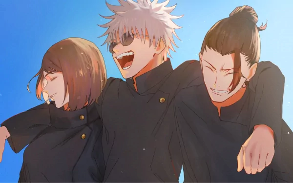 4K Ultra HD anime wallpaper featuring Shoko Ieiri, Satoru Gojo, and Suguru Geto from Jujutsu Kaisen sharing a joyful moment together.