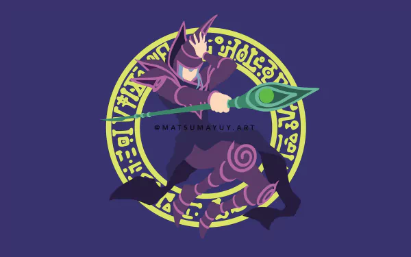 Dark Magician from Yu-Gi-Oh! depicted in anime style with glowing magical circle background, designed as an 8K Ultra HD PC desktop wallpaper.