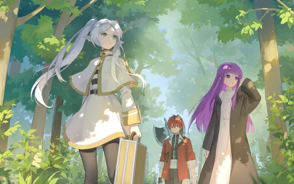HD PC desktop wallpaper featuring three characters from the anime Frieren: Beyond Journey's End, standing in a sunlit forest with lush green trees and dappled sunlight.