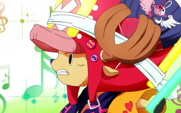 Anime-style 8K Ultra HD wallpaper featuring Tony Tony Chopper from One Piece, showcasing vibrant colors and dynamic musical elements in the background.