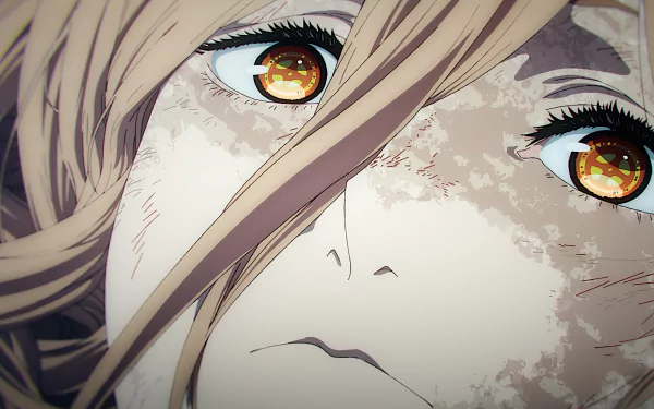 Close-up of an anime character’s intense eyes and face from Chainsaw Man, designed as an HD PC desktop wallpaper and background.