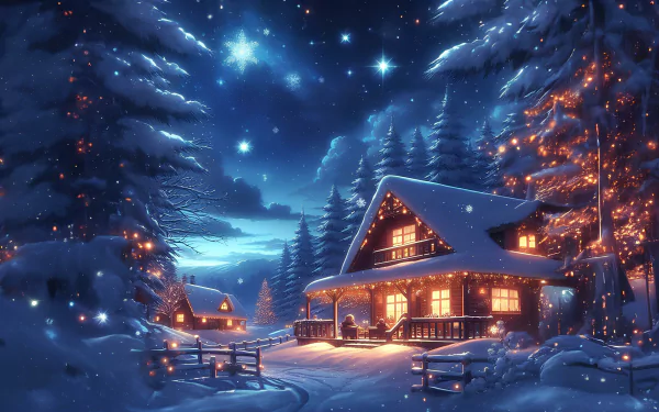 Anime-style winter night scene in 4K Ultra HD, featuring warmly lit cabins surrounded by snow-covered trees under a starry sky, capturing a cozy winter anime atmosphere.