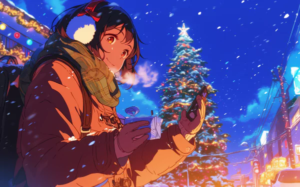Anime character enjoying a snowy Christmas evening with a sparkling Christmas tree in the background, HD wallpaper.
