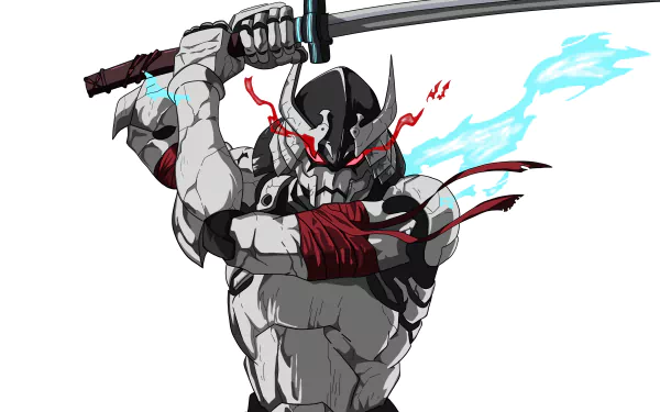 4K Ultra HD anime wallpaper featuring Wezaemon from Shangri-la Frontier, wielding a sword with glowing blue energy and red accents.