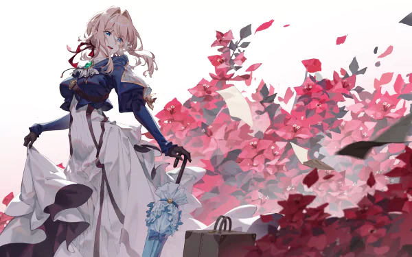 Anime-style 8K Ultra HD wallpaper featuring Violet Evergarden in a detailed dress, standing against a backdrop of pink and red foliage with soft lighting.