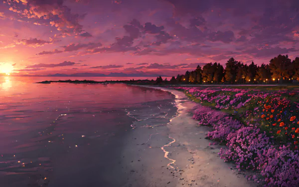 Anime-style sunset landscape with purple skies and floral beach, HD wallpaper.