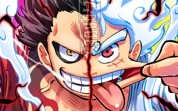 Anime 4K Ultra HD desktop wallpaper featuring Monkey D. Luffy from One Piece, split between his Gear Fourth and Gear 5 transformations with vibrant colors and dynamic energy.