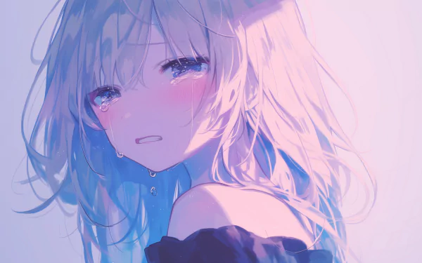 HD wallpaper of a sad crying anime girl with tears in her eyes, suitable as a desktop background.