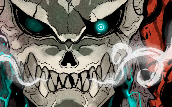 HD desktop wallpaper featuring a detailed illustration of Kafka Hibino from Kaiju No. 8, portrayed with a monstrous, skull-like appearance and glowing green eyes.