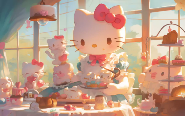 A whimsical HD desktop wallpaper featuring Hello Kitty and charming Sanrio characters in a delightful tea party scene, with an inviting, bright atmosphere and a table filled with treats.