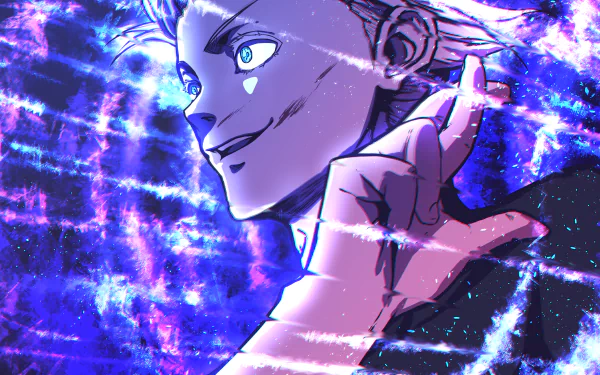 4K Ultra HD anime wallpaper featuring Satoru Gojo from Jujutsu Kaisen with vibrant blue and purple energy effects surrounding him.