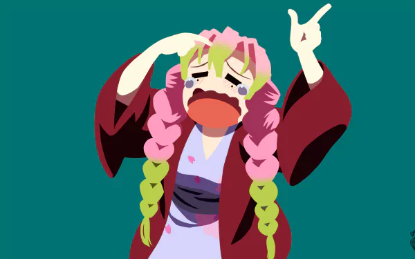 4K Ultra HD anime wallpaper featuring Mitsuri Kanroji from Demon Slayer: Kimetsu no Yaiba with her distinctive pink and green braided hair and expressive pose on a teal background.