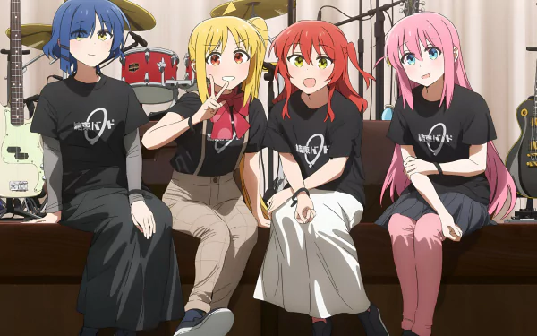 HD PC desktop wallpaper featuring the anime characters from Bocchi the Rock! sitting together with musical instruments in the background.