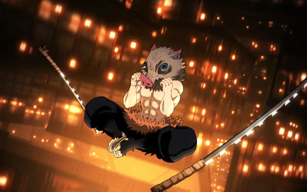 HD desktop wallpaper featuring Inosuke Hashibira from Demon Slayer: Kimetsu no Yaiba, captured mid-air with glowing lanterns in the background.