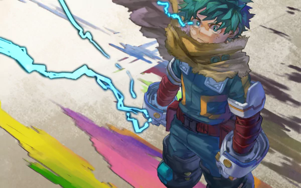 HD anime desktop wallpaper featuring Izuku Midoriya from My Hero Academia with dynamic lightning effects and a vibrant, colorful background.