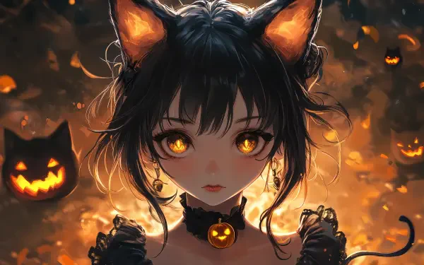 A captivating anime girl with cat ears and glowing eyes stands against a Halloween backdrop filled with pumpkins, creating a striking 4K Ultra HD desktop wallpaper.