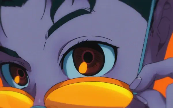 Close-up anime-style HD desktop wallpaper featuring intense eyes and vibrant colors, inspired by Dandadan and Ken Takakura aesthetics.
