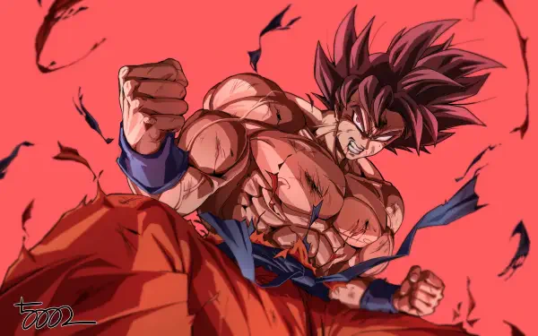 Anime-style 4K Ultra HD wallpaper of Goku in Kaioken form from Dragon Ball Z, showcasing intense energy and dynamic action with vibrant red tones.