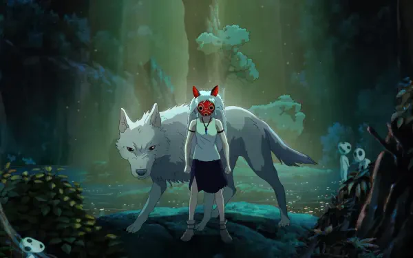 A stunning 4K Ultra HD wallpaper featuring characters from Studio Ghibli's Princess Mononoke, showcasing a protagonist with a wolf in a vibrant, enchanted forest.