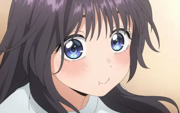 Anime HD desktop wallpaper of Kaoruko Waguri from The Fragrant Flower Blooms With Dignity — close-up of a blushing, big-eyed girl with dark hair and a playful, pouty expression.