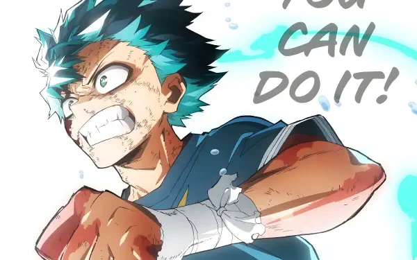 5K Ultra HD PC anime desktop wallpaper of Izuku Midoriya (My Hero Academia), determined, gritting teeth with clenched fist and You CAN DO IT! text.