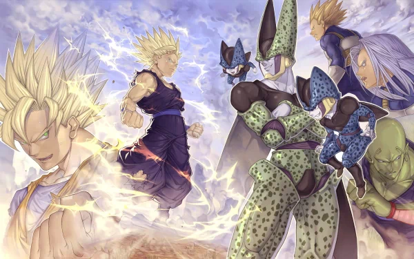 HD desktop wallpaper featuring characters from the anime Dragon Ball Z in an intense standoff, with vibrant energy effects and a dramatic background.