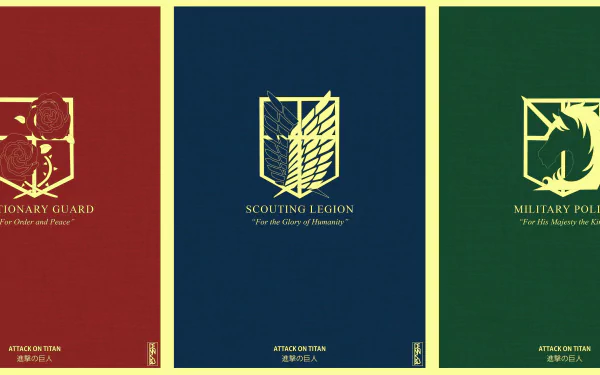 HD desktop wallpaper featuring color-blocked emblems from Attack on Titan: the Stationary Guard, Scouting Legion, and Military Police.