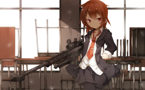 Anime-themed HD desktop wallpaper featuring a confident character in a school setting, skillfully holding a sniper rifle, surrounded by empty desks and a calm atmosphere.