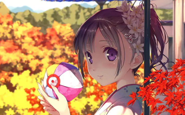 HD desktop wallpaper of a cute anime girl with purple eyes, wearing Japanese clothes and holding a colorful ball, surrounded by vibrant autumn maple leaves.