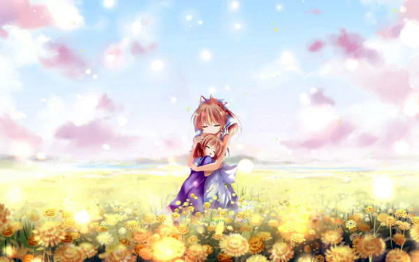 HD desktop wallpaper from Clannad featuring Ushio Okazaki and Nagisa Furukawa in a vibrant field of flowers with floating petals.