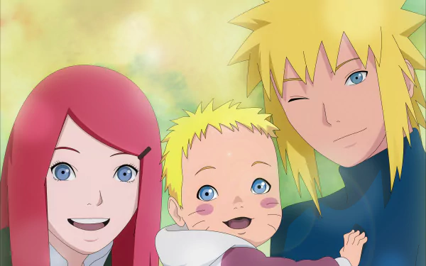 This HD desktop wallpaper features anime characters Kushina Uzumaki, Minato Namikaze, and baby Naruto Uzumaki from the Naruto series, smiling together against a soft, blurred background.