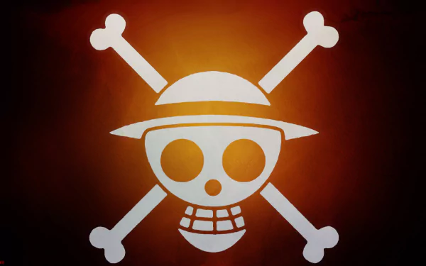 HD desktop wallpaper featuring an orange background with a white Jolly Roger skull symbol, inspired by the anime One Piece.