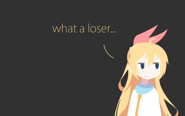 HD desktop wallpaper of Chitoge Kirisaki from the anime Nisekoi. She has blonde, long hair and blue eyes, with a text bubble saying what a loser... against a dark background.