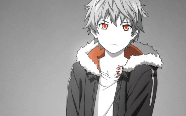 HD wallpaper featuring Yukine from Noragami with orange eyes, a tattoo, and a hood on a grey background.