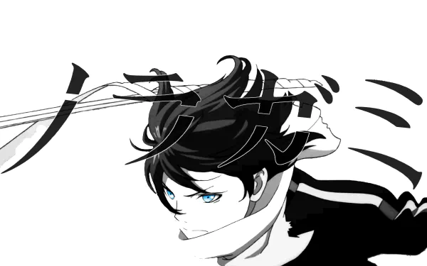 HD wallpaper of Yato from Noragami, featuring a stylized black and white illustration with striking blue eyes.
