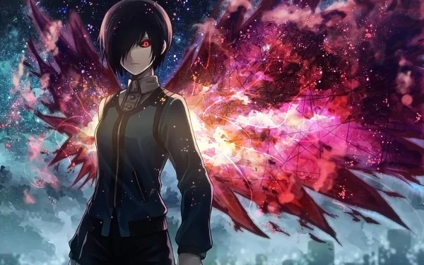 HD wallpaper of Touka Kirishima from Tokyo Ghoul, featuring her with purple hair, red eyes, and vibrant kagune wings against a cosmic backdrop.
